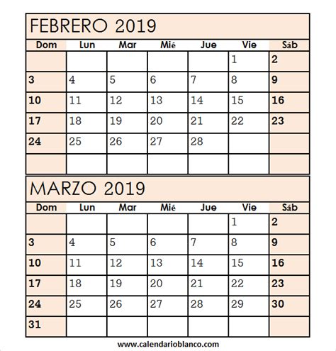 Calendario Mes Febrero Marzo 2019 Calendario Febrero Calendario En