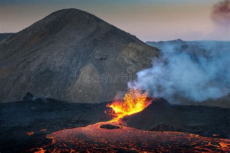 Landscape An Erupting Fagradalsfjall Volcano In Iceland Stock Photo Image Of Outdoor Dark