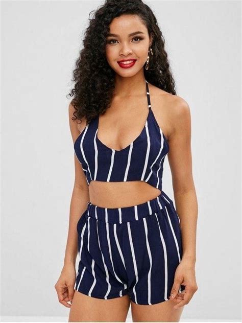 Striped Crop Top And Shorts Two Piece Set In 2021 Striped Crop Top Crop Top And Shorts Crop Tops