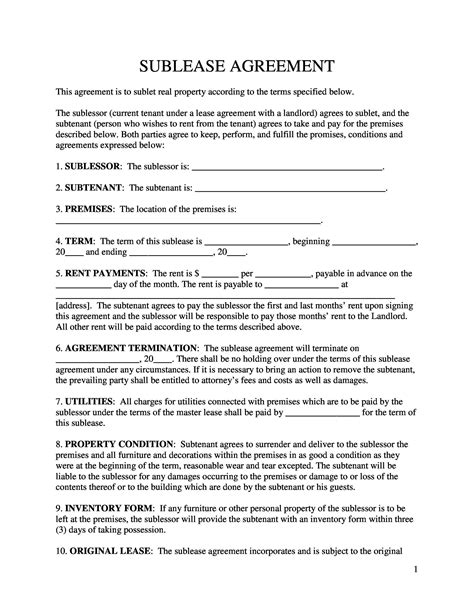 Free Printable Sublease Agreement