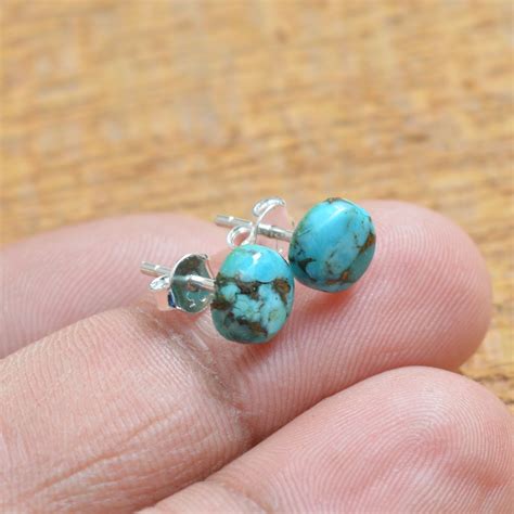 Turquoise Stud Earrings 925 Sterling Silver Blue Copper Etsy
