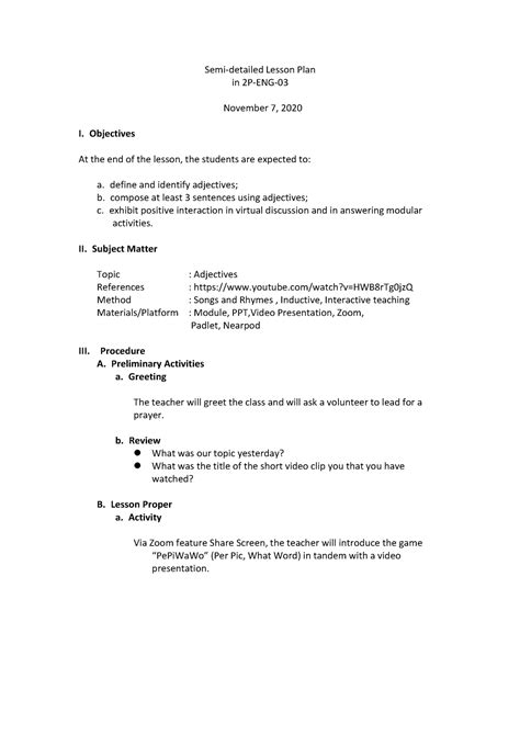 Semi Detailed Lesson Plan Lesson Plan Examples English Lesson Plans