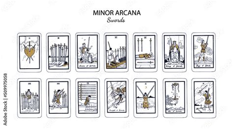 Tarot Minor Arcana Vector Set Swords Part1 Hand Drawn Illustration