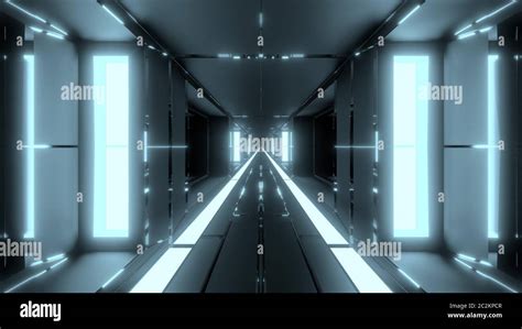 Clean Futuristic Scifi Tunnel Corridor With Glass Windows And Endless