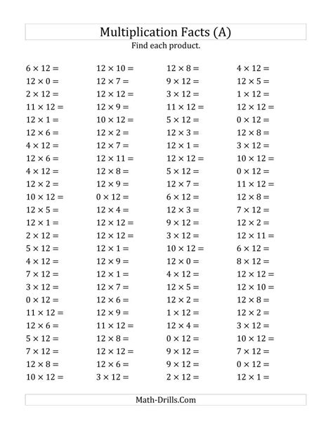 Multiplication 12 Facts Quiz Free Printable
