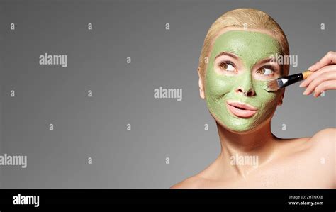 Beautiful Woman Applying Green Facial Mask Beauty Treatments Spa Girl