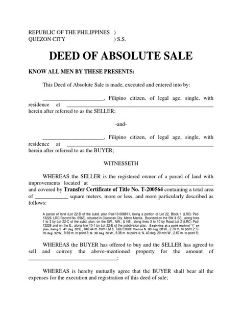 Deed Of Absolute Sale Open Pro Forma Private Law Civil Law