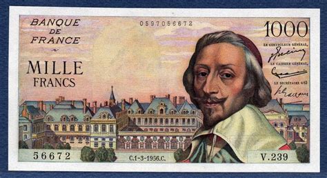 French Bank Notes 1000 Francs Banknote 1956 Richelieuworld Banknotes