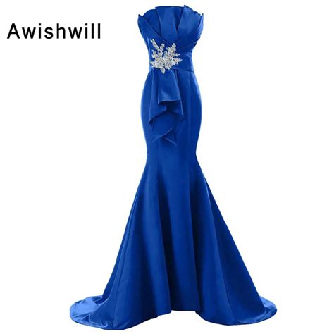 elegant red royal blue mermaid long evening dresses strapless satin floor length sexy prom party