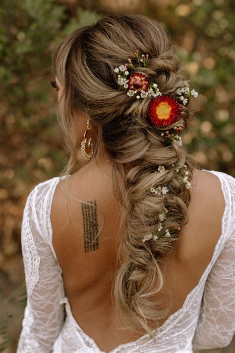 Bridal Fishtail Braid With Flowers Boho Hairstyle Bridal Fishtail