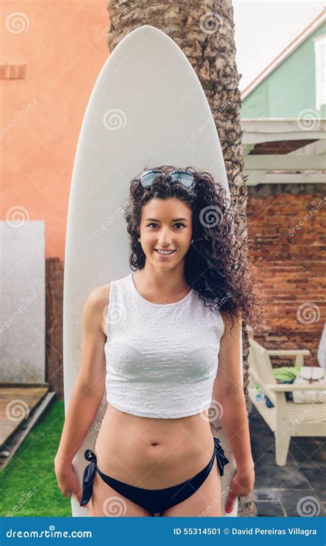 Brunette Surfer Woman With Top And Bikini Holding Stock Image Image