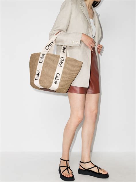 Chloé Neutral Woody Raffia Tote Bag Browns