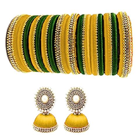 Buy Silk Thread Yellow And Green Color With Stone Bangle Set For Women Size 20 At