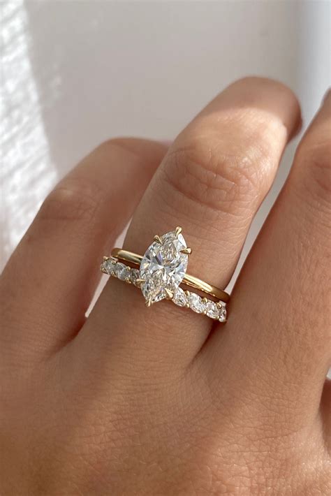 Marquise Diamond Engagement Ring Yellow Gold Wedding Band Ring Stack