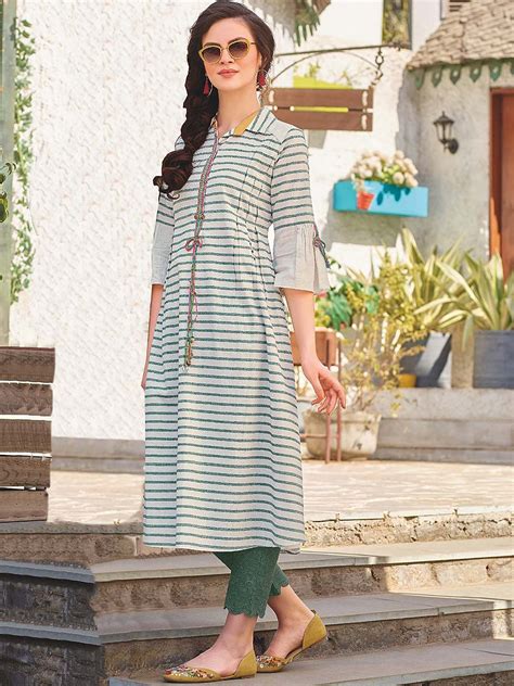 Shop White And Green Stripe Cotton Kurti Online From G3fashion India