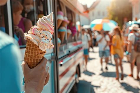 Premium Photo A Cheerful Crowd Surrounds An Ice Cream Truck Parked In