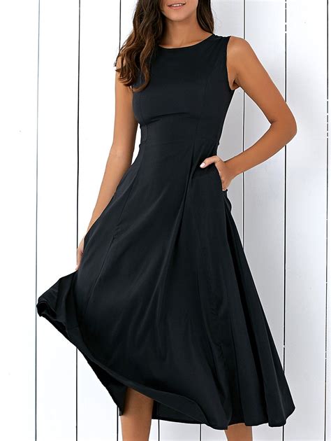 Casual Round Neck Sleeveless Loose Fitting Midi Dress For Women Black