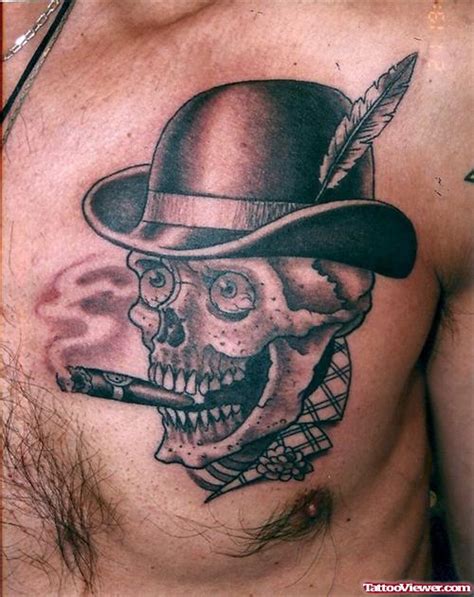 Awesome Grey Ink Smoking Skull Tattoo On Shoulder