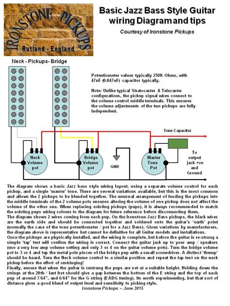 1 humbucker, 2 single coil 5 way switch w push/pull coil tap. Jazz Bass Wiring Diagram - Ironstone Electric Guitar Pickups
