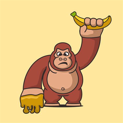 Gorilla Holding Banana And Honey Cartoon Mascot Flat Design Style