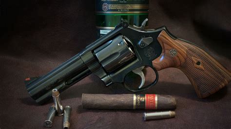 Download Wallpaper 1920x1080 Revolver Gun Whiskey Cigar