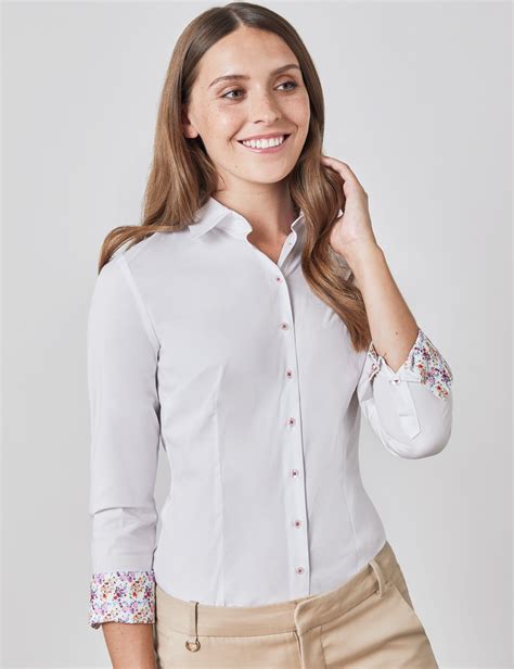 Easy Iron Plain Cotton Stretch Women S Fitted Shirt With Contrast