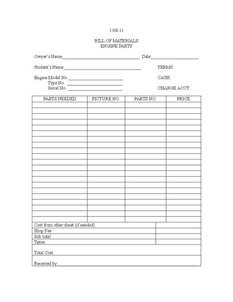 Bill Of Materials Template Example Free Download