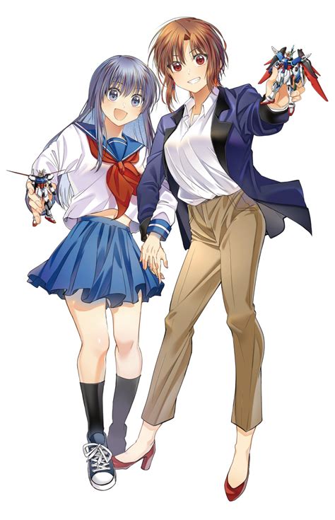 Safebooru 2girls Absurdres Aile Strike Gundam Bangs Beige Pants Blazer Blue Footwear Blue Hair