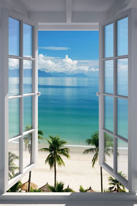 poster fenster zum südsee strand mit palmen illusion 40 x 50 cm receive exclusive offers time