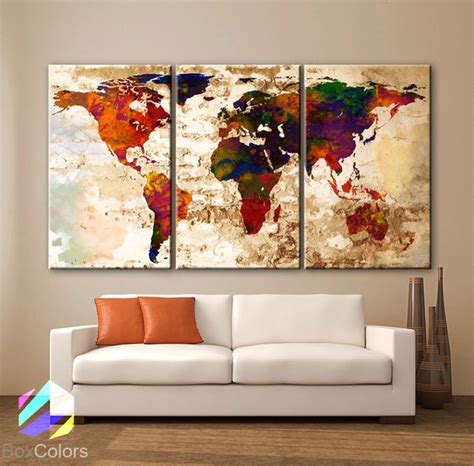 Large 30x 60 3 Panels Art Canvas Print Watercolor Texture Map Old