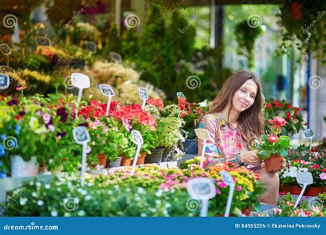 Woman Selecting Flowers On Parisian Flower Market Or In Shop Stock