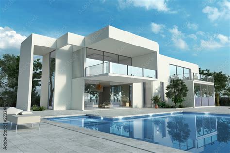 Impressive White Modern House With Pool Ilustración De Stock Adobe Stock