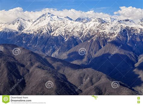 Beautiful Mountain Scenery Of The Main Caucasian Ridge With Snowy Peaks