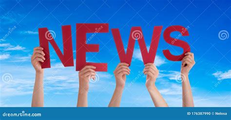 People Hands Holding Word News Blue Sky Stock Photo Image Of Media