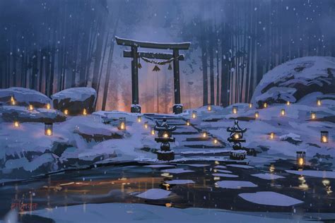 Japanese Shrine Lit Up By Laterns In A Cold Snowy Night By Surendra