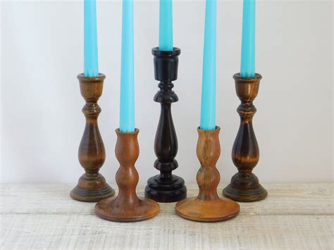 Vintage Turned Wood Candlestick Holder Collection Lot Of 5 Etsy