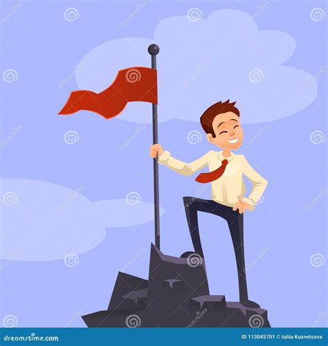 Successfull Mission Businessman Standing With Red Flag On Mountain