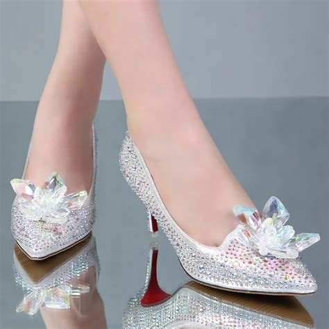 Buy Cinderella Glass Slipper Pointed Heels Leather Diamond Wedding Shoes Red