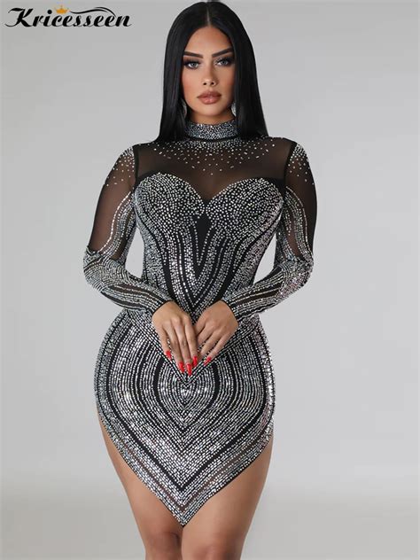 Kricesseen Sexy Rhinestone Crystal See Through Short Dress Women Luxury Sheer Mesh Patchwork
