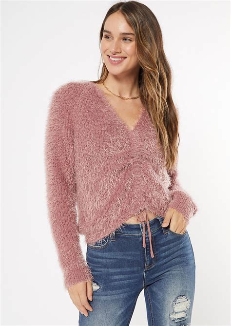Pink Fluffy Knit Ruched Drawstring Sweater Sweaters Women Fashion