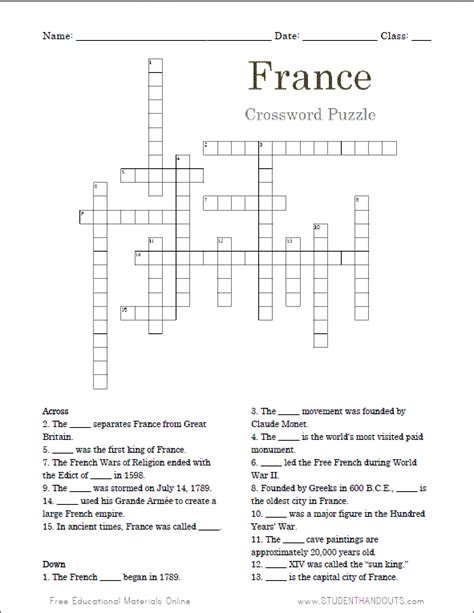 France Crossword Puzzle Student Handouts Crossword Puzzle