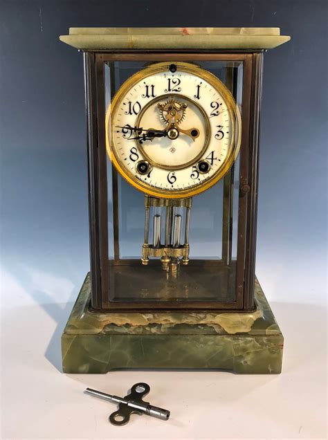 Antique Ansonia Green Onyx Mantle Clock Original Pendulum And Key