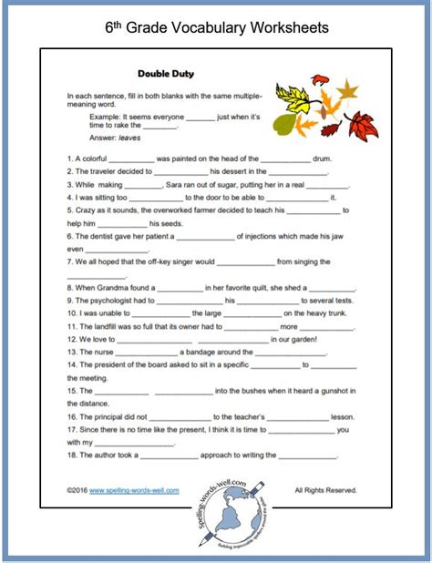 Vocabulary Worksheet For 6th Graders
