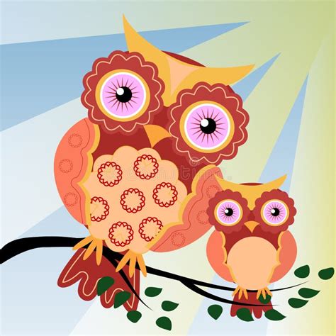 Four Owls On A Fantastic Tree Branch Decorated With Flowers Stock Illustration Illustration