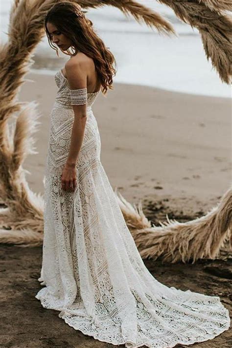 Buy Unique Mermaid Off The Shoulder Ivory Lace Beach Wedding Dress