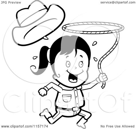 cartoon clipart of a black and white happy cowgirl running and swinging a lasso vector