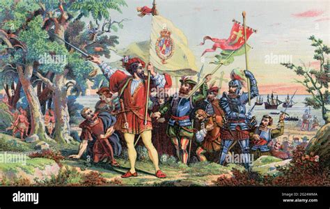 Italian Explorer Christopher Columbus And His Crew Land At San Salvador
