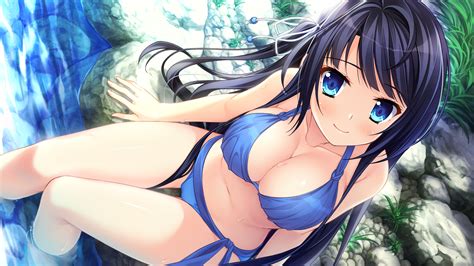 Bikini Black Hair Blue Eyes Breasts Cleavage Game Cg Long Hair Manazuru