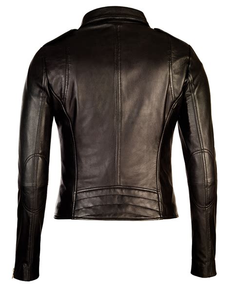 Black Corbani Womens Asymmetrical Zip Biker Leather Jacket Back