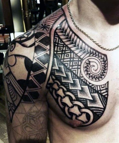 Captivating black curvy lines tribal chest tattoo designs for boys and men. 50 Tribal Chest Tattoos For Men - Masculine Design Ideas